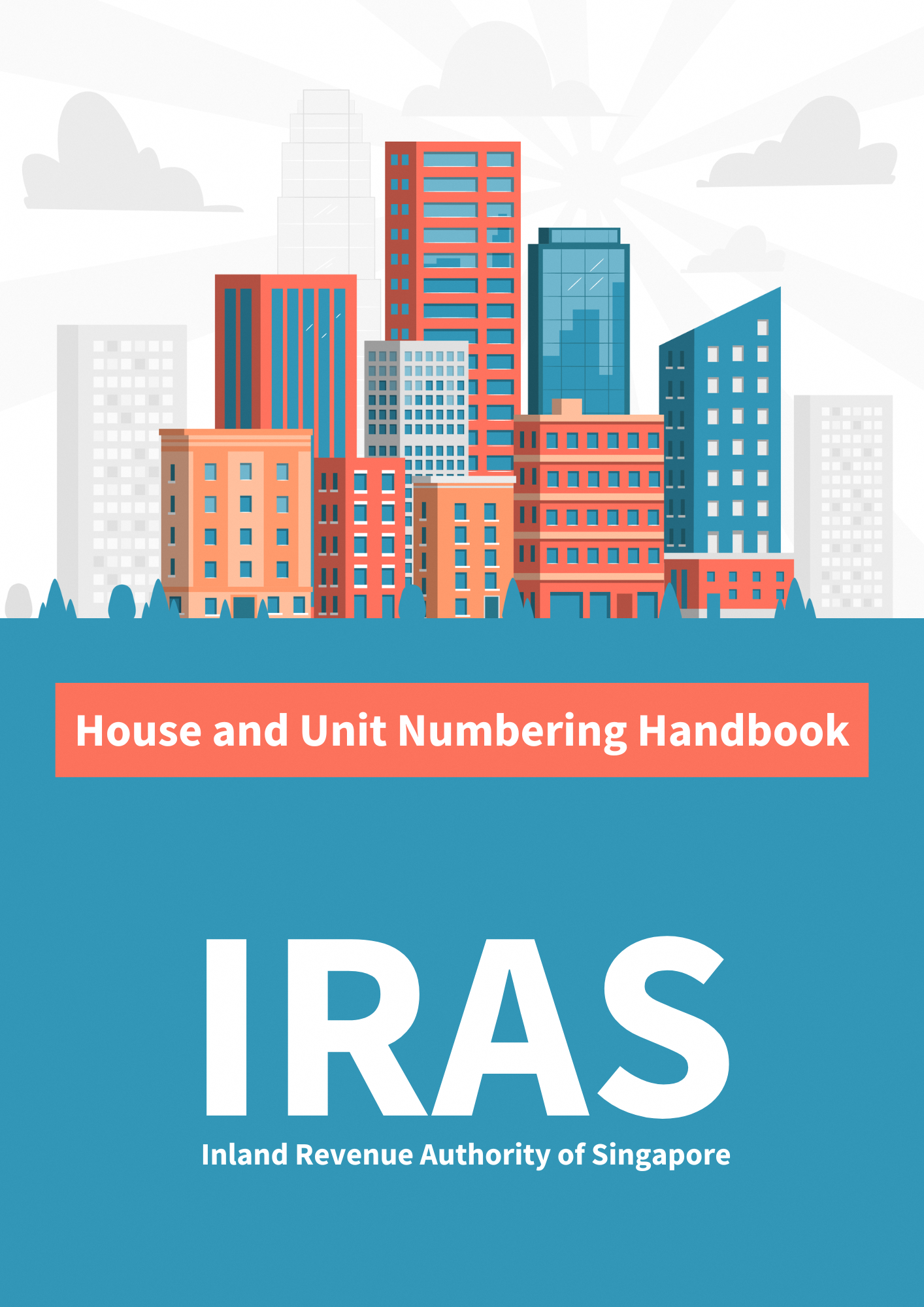 Cover of the IRAS House and Unit Numbering Handbook featuring a colorful illustrated city skyline.